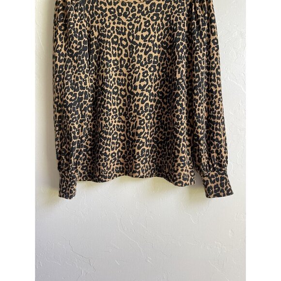 LOFT Size Medium Leopard Animal Print Black Tan Jersey Sweatshirt Puff Sleeve 10 - Picture 7 of 12